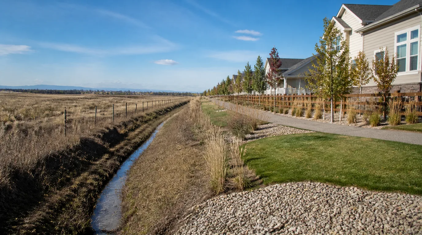 The edge of a residential area where new homes sit beside open prairie, a fence line and a small irrigation ditch
