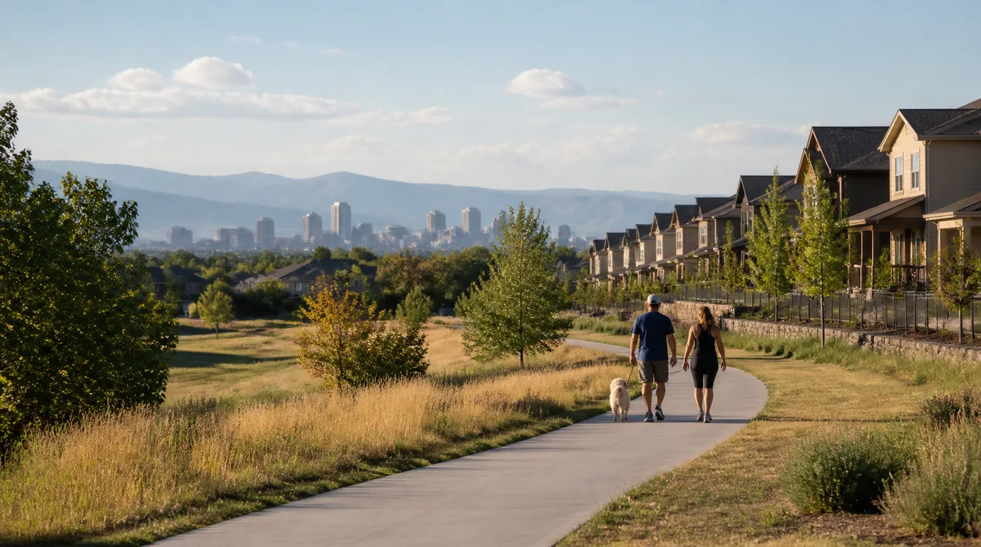 A paved neighborhood trail where two people walk a dog past open grass and a row of townhomes, with mountains and a skyline beyond