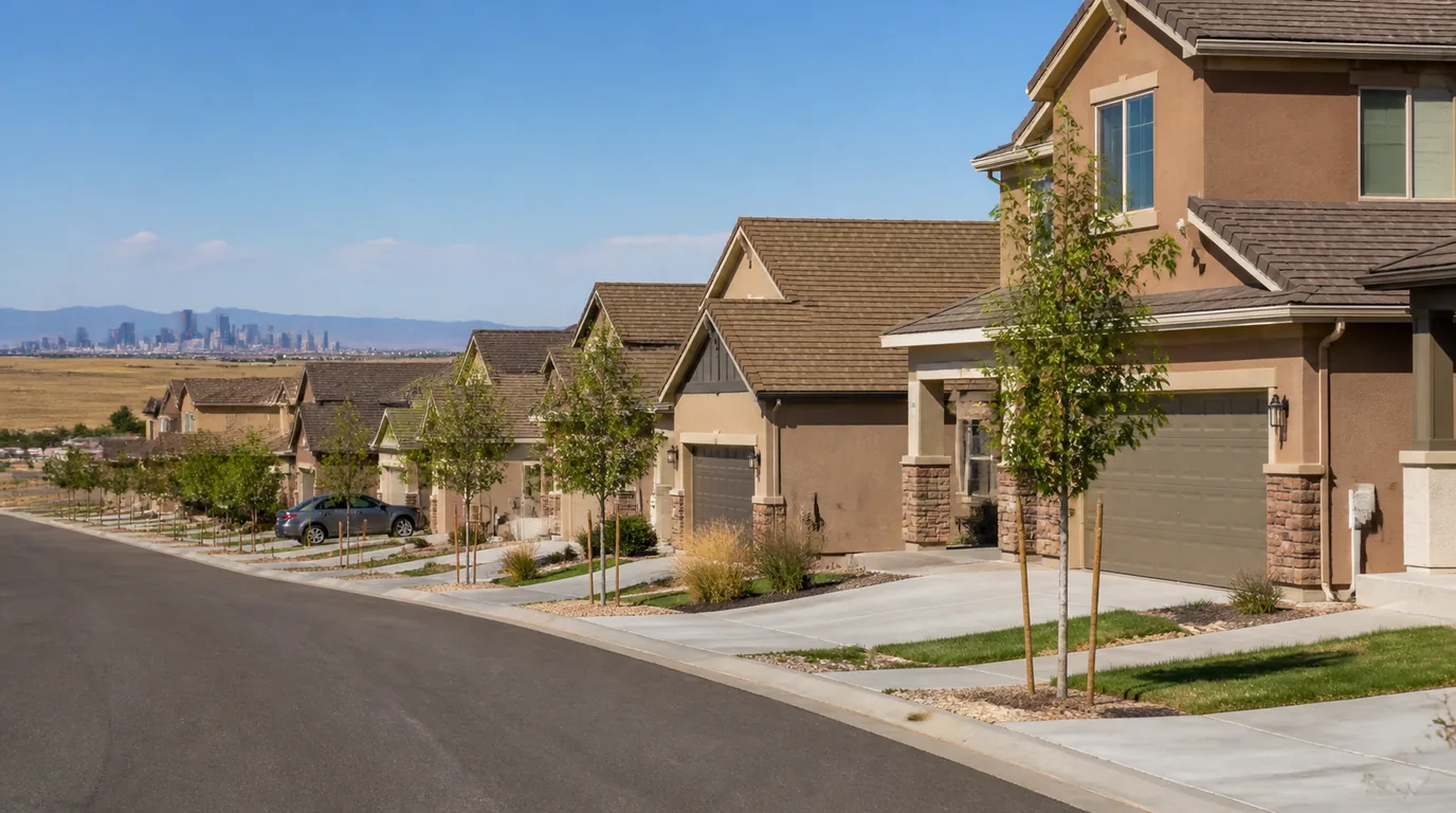 A newer subdivision of stucco homes with two-car garages, with open prairie and a distant skyline at the end of the street