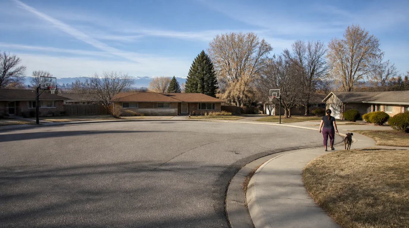 A cul-de-sac of mid-century ranch homes with mature trees, basketball hoops and a person walking a dog