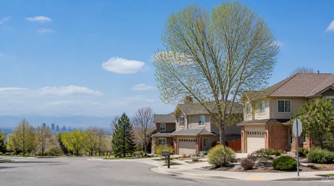 A residential street corner with two-story homes, a tall bare-branched tree, a stop sign and a city skyline far in the distance