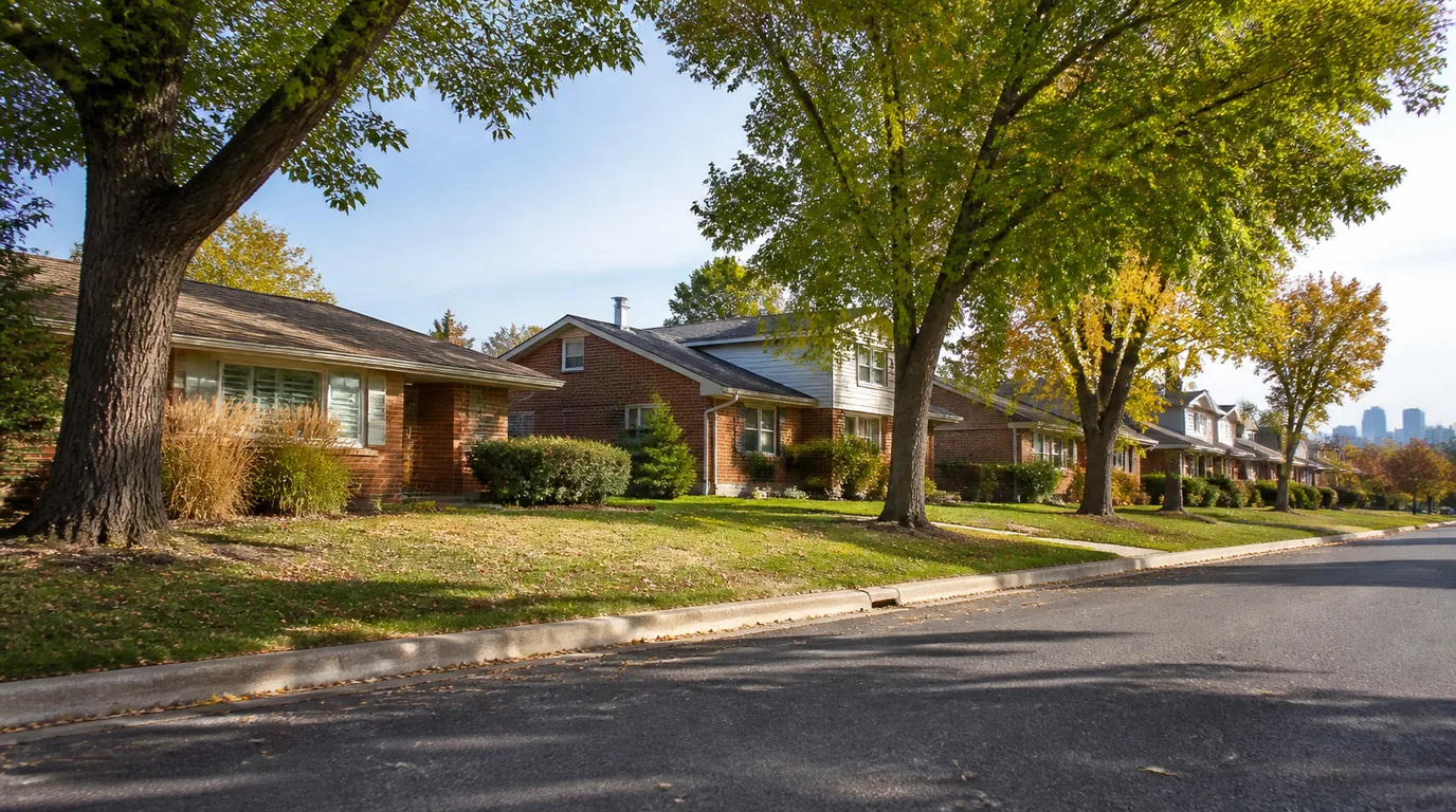 An older residential street of brick ranch and split-level homes shaded by tall mature trees