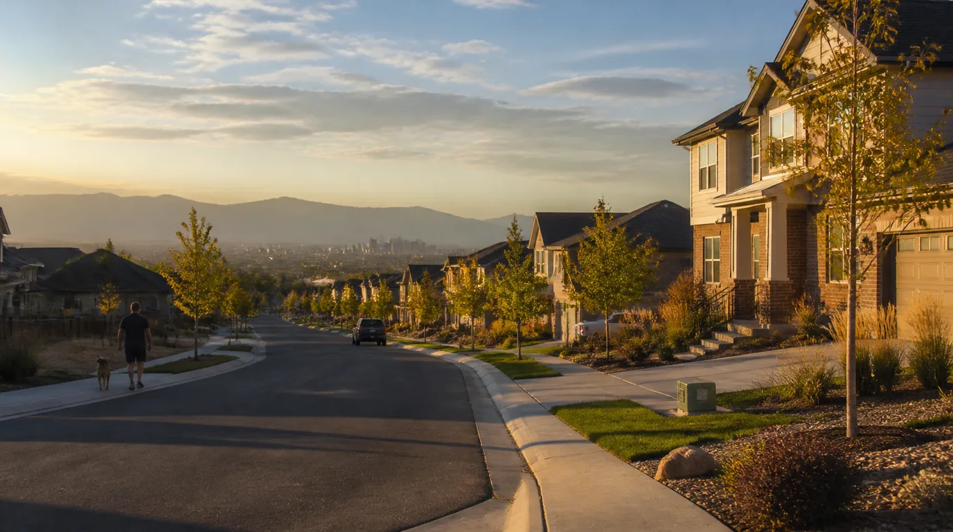 A quiet suburban street at golden hour with newer two-story homes, young trees, a person walking and a mountain line in the distance