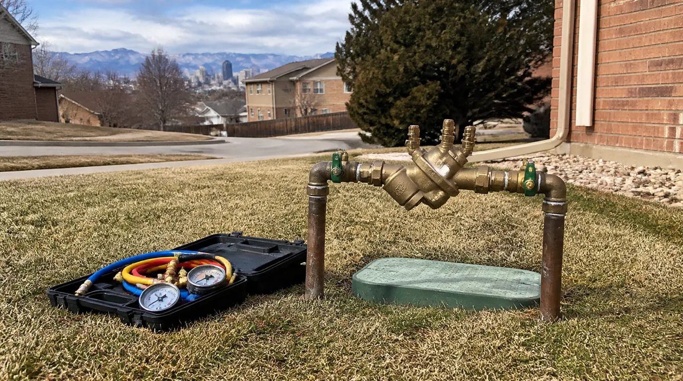A brass backflow preventer assembly on a lawn beside a green valve box, with an open gauge test kit on the grass