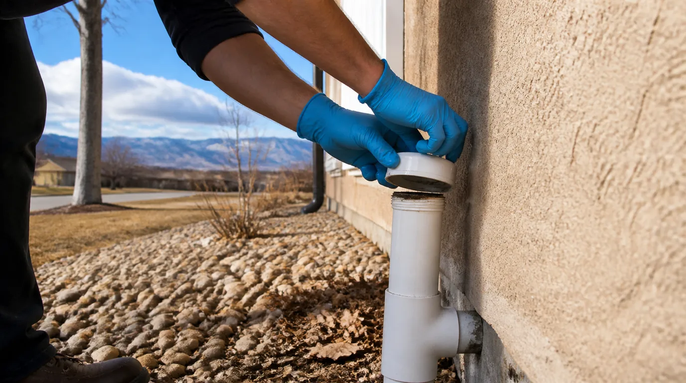 Blue-gloved hands unscrewing the cap of a white PVC drain cleanout beside a stucco house wall