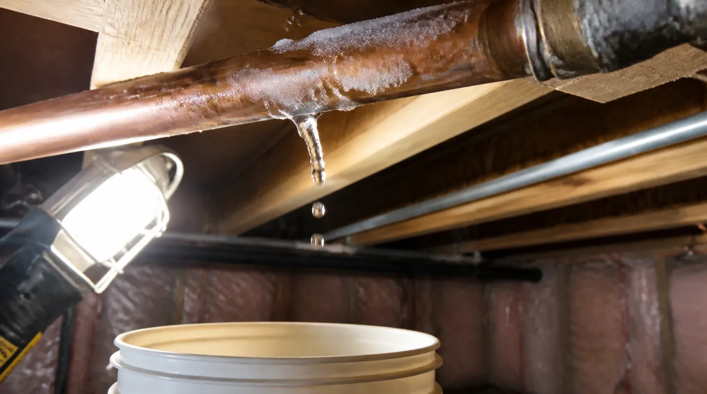 A copper pipe under floor joists coated in frost with a small drip falling toward a bucket, lit by a work light