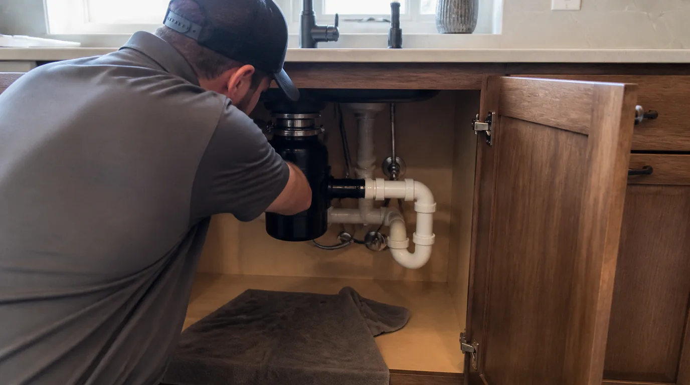 A plumber in a gray shirt and cap kneeling at an open sink cabinet, working on a garbage disposal and its white drain pipes