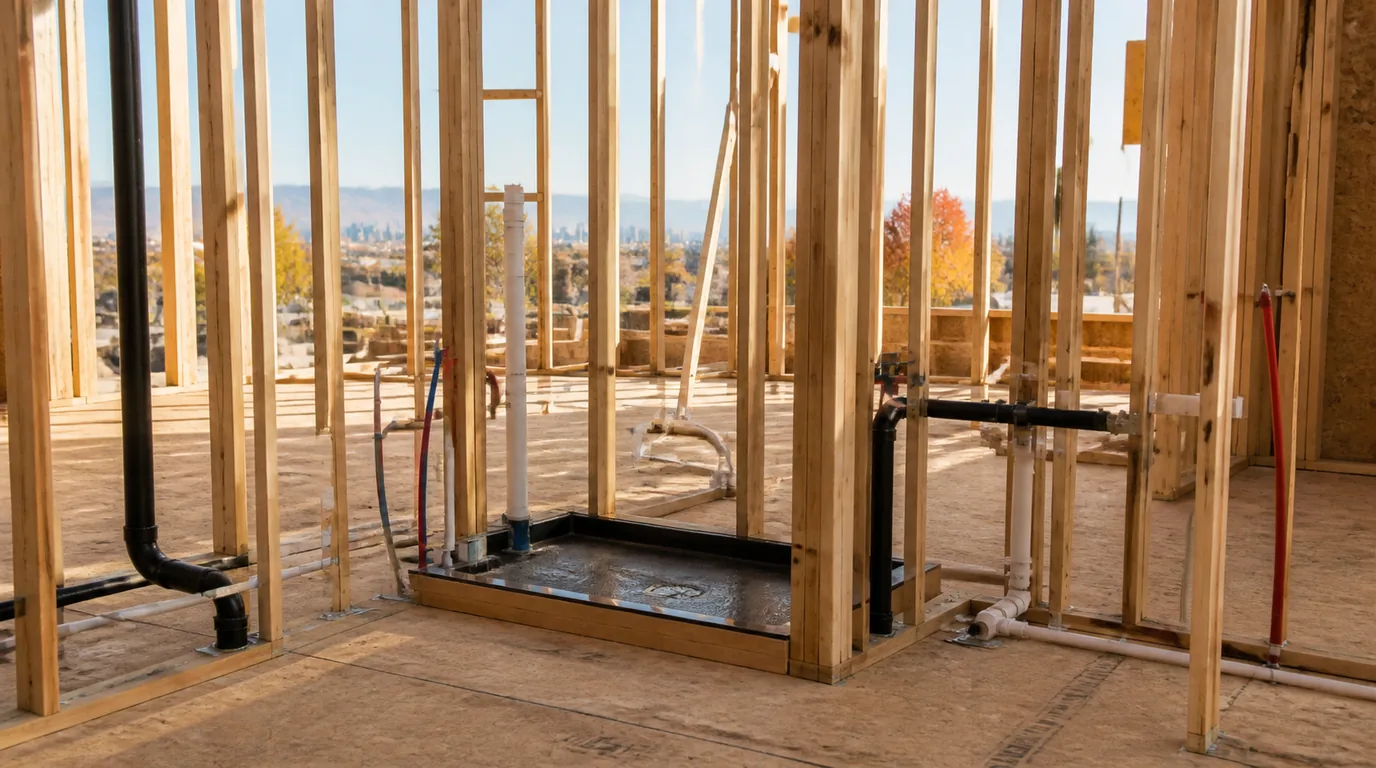 The wood framing of a new house under construction with rough-in drain lines, supply lines and a shower pan in place