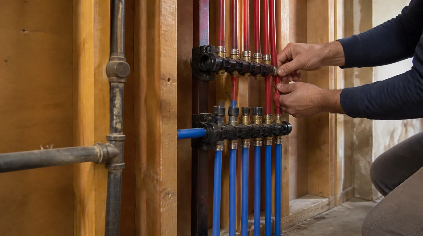 A manifold with red and blue PEX lines running through open wall framing beside a short run of older galvanized pipe