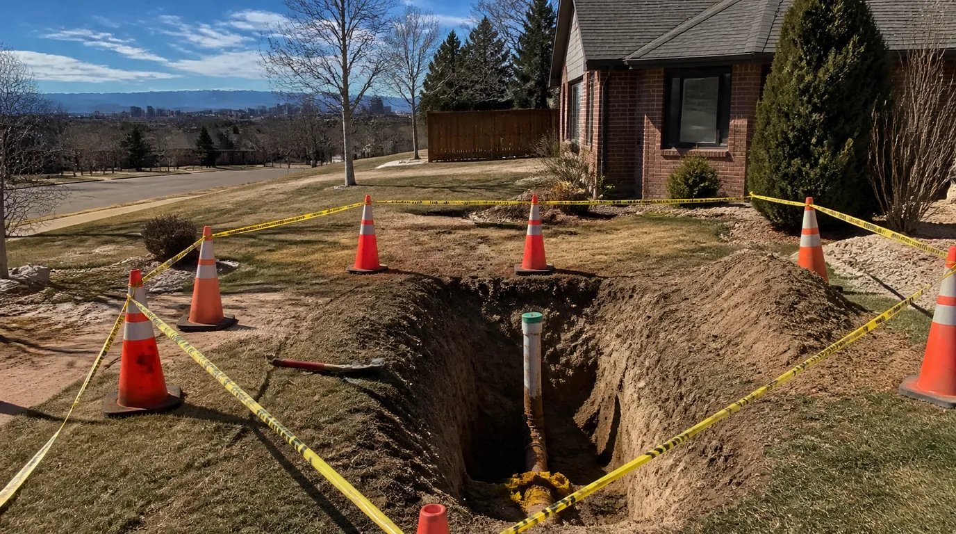 An excavated trench in a front lawn exposing a sewer pipe, fenced with traffic cones and caution tape in front of a brick house