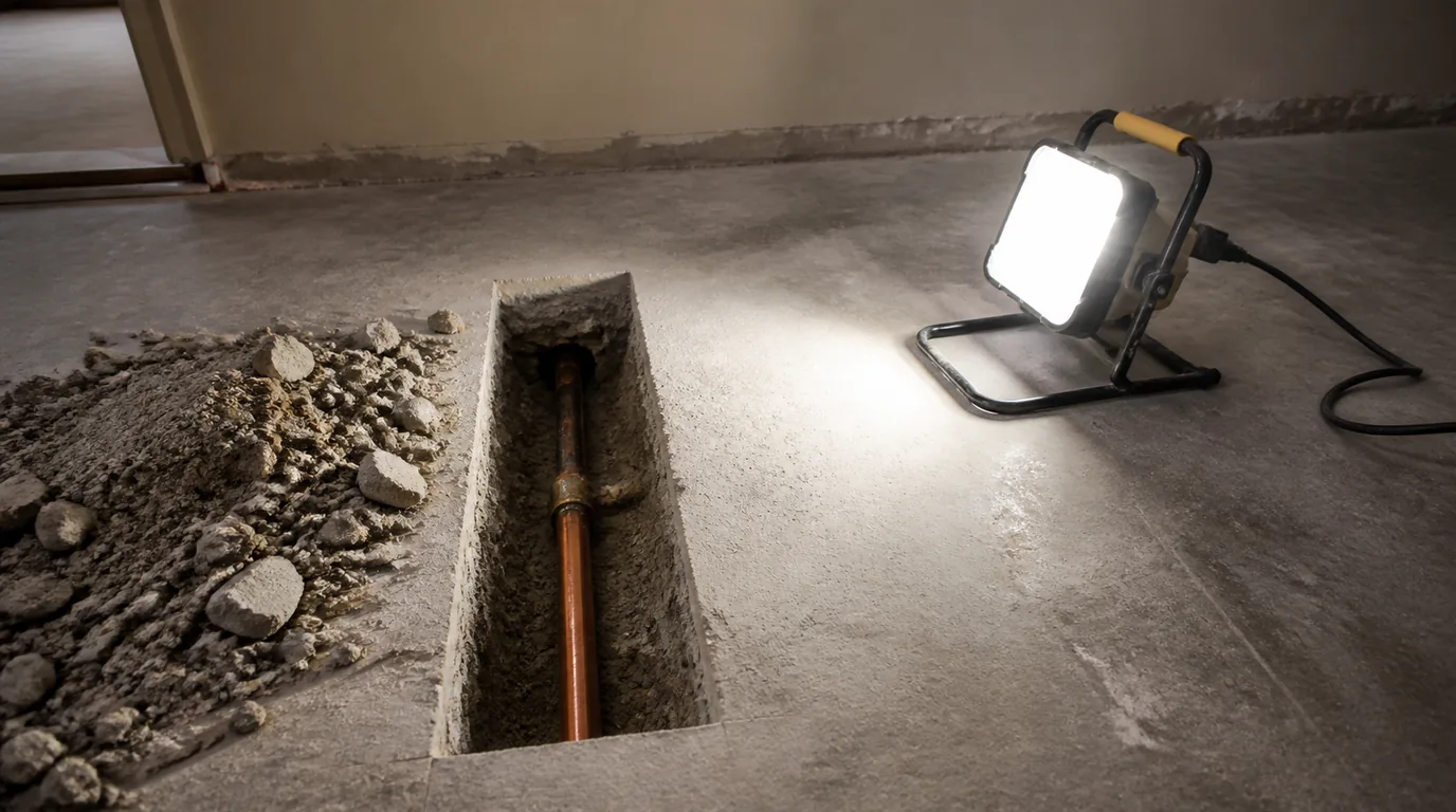 A concrete slab floor with a narrow trench cut open to show a copper pipe, a pile of broken concrete and a work light