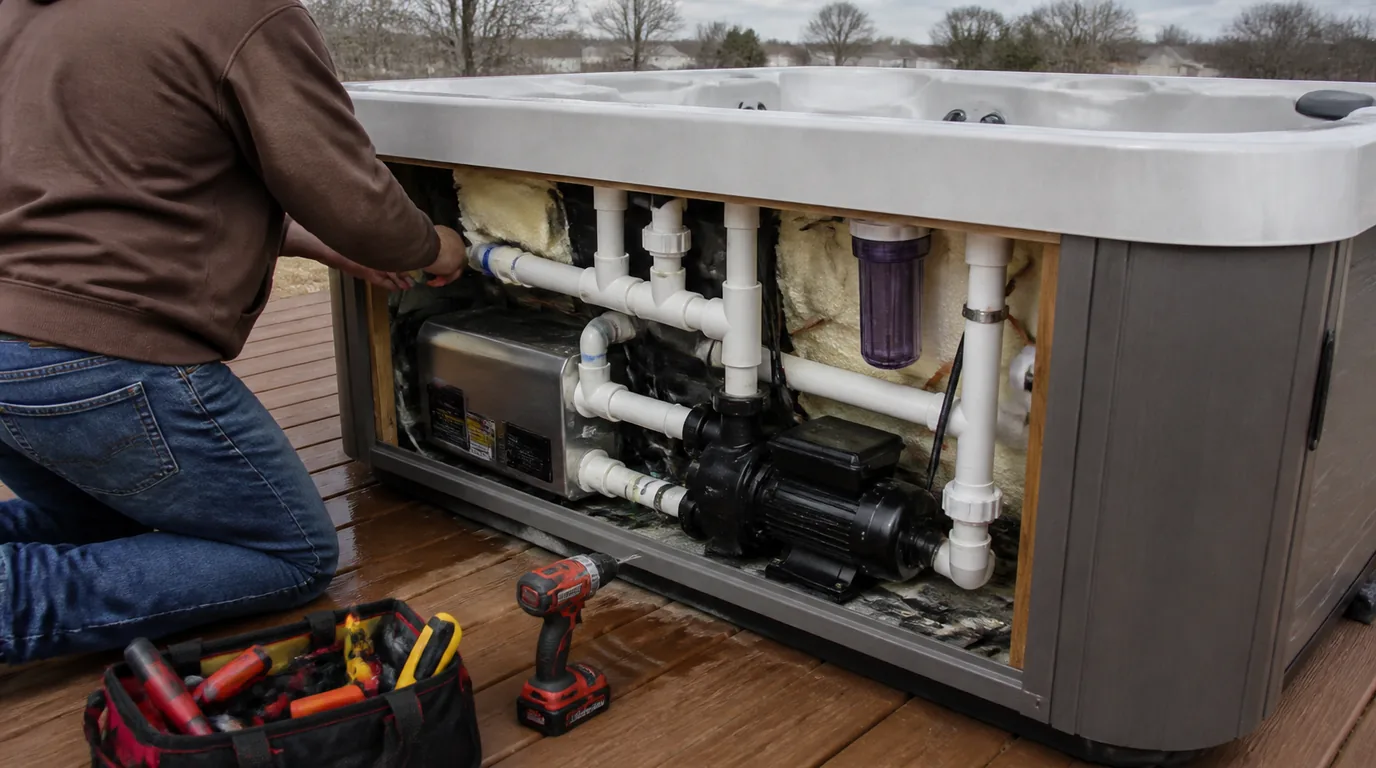 An outdoor hot tub with its side panel removed to show the pump, heater and white PVC plumbing, with a person kneeling beside a tool bag and drill