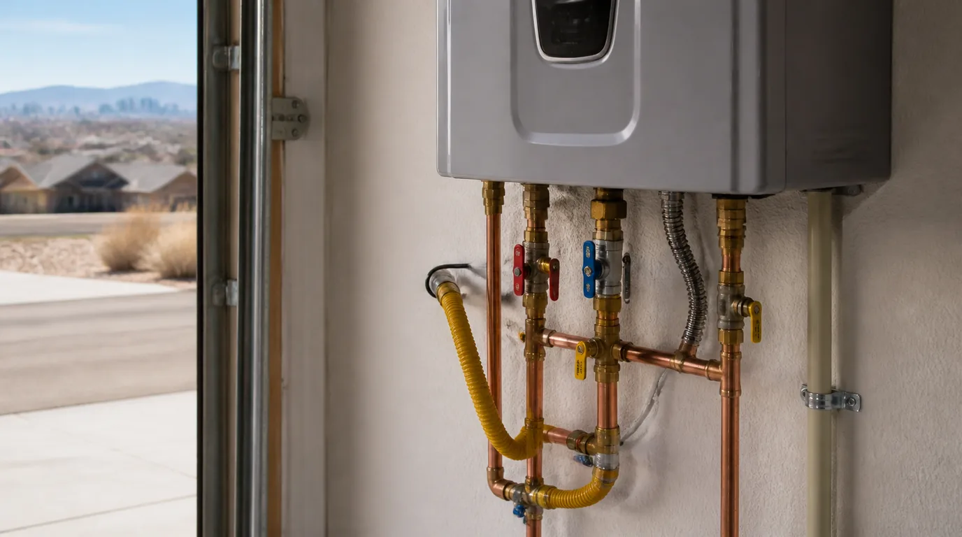 A wall-mounted tankless water heater with copper water lines, shutoff valves and a yellow flexible gas connector underneath