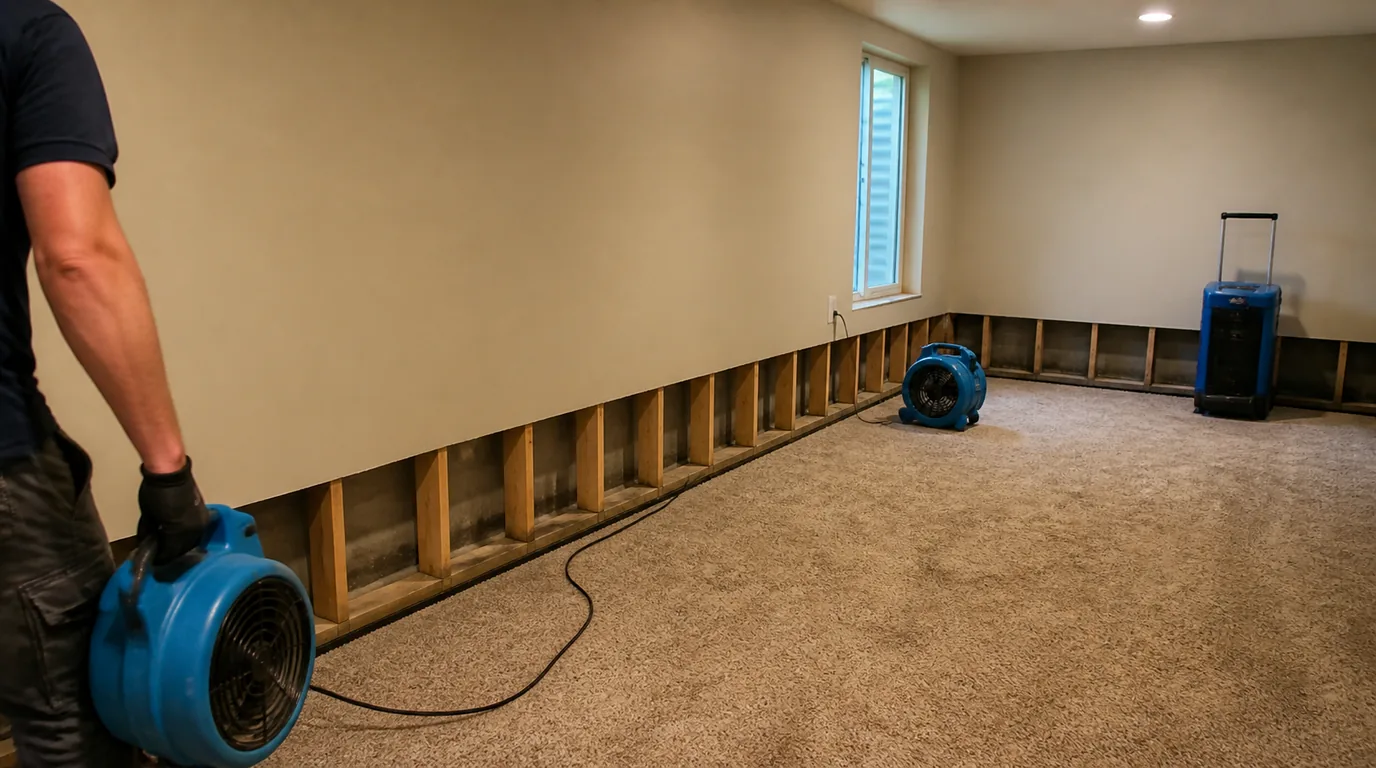 A carpeted room with a strip of drywall cut away along the base of the wall, a blue air mover and a dehumidifier, and a person holding a second air mover